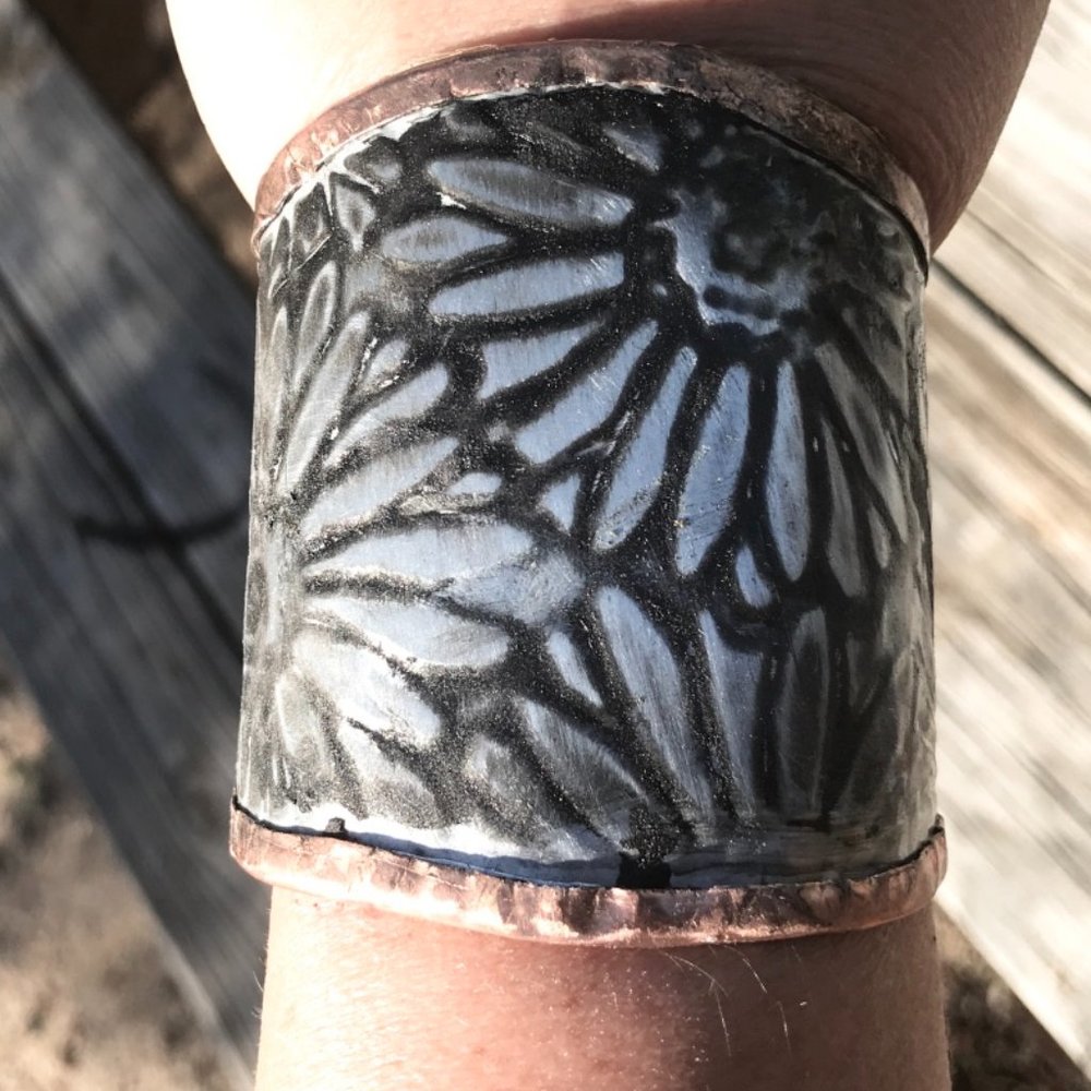 Sunflower Wide Cuff Solid Copper Silver Bracelet Boho Rustic Gladiator Spartan